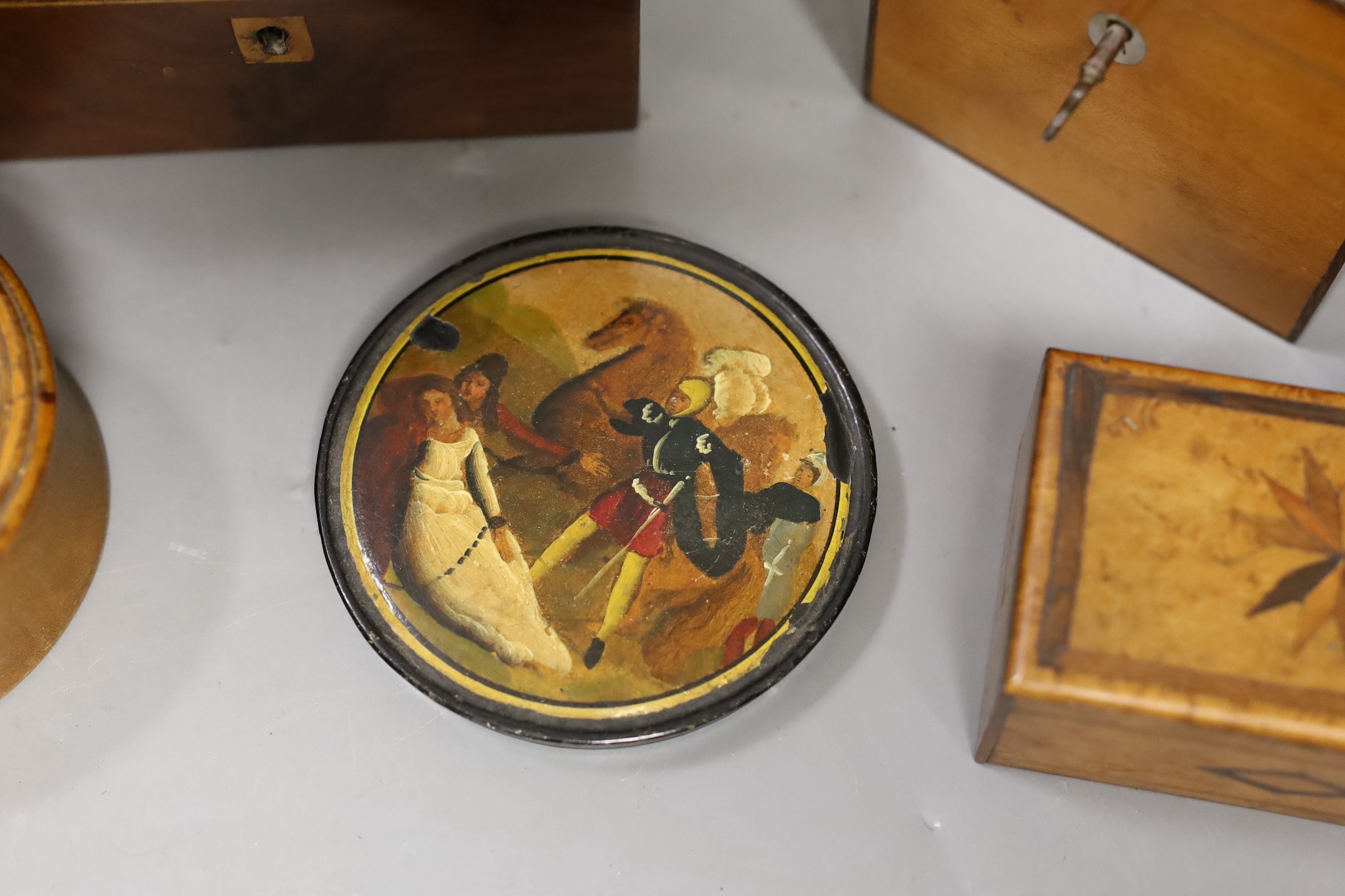 A selection of 19th century treen boxes, tallest 9cm, (7)